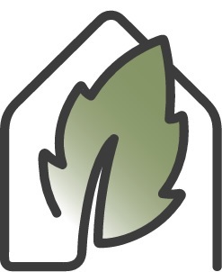 Grønt, stiliseret blad placeret midt i et sort linjet omrids af et hus.