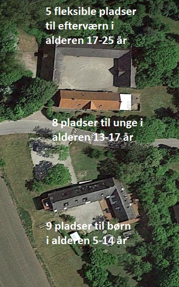 Luftfoto af en ejendom med tre bygninger omgivet af træer, med hvid overlejret tekst der angiver pladser og aldersgrupper: u00225 fleksible pladser til efterværn i alderen 17-25 åru0022 u00228 pladser til unge i alderen 13-17 åru0022 u00229 pladser til børn i alderen 5-14 åru0022.