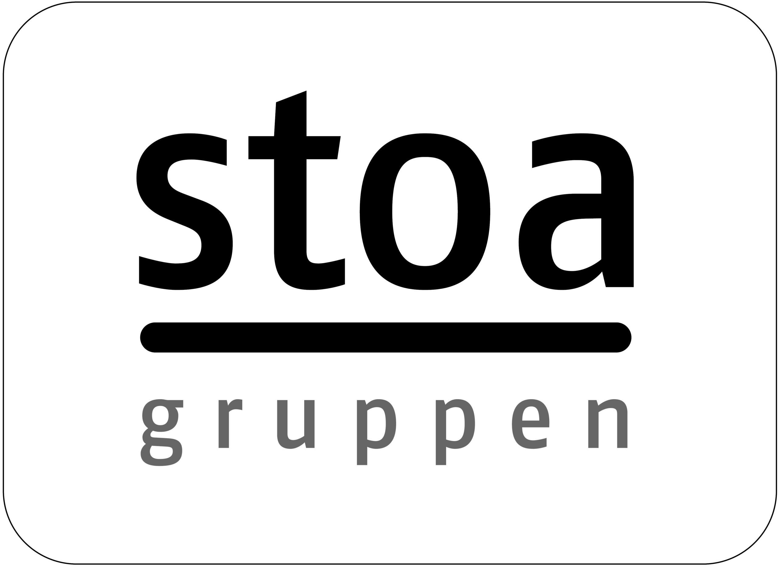 Logo med ordene u0022stoau0022 i stor sort skrift med en tyk sort understregning og u0022gruppenu0022 i grå små bogstaver nedenunder. Hvid baggrund med en tynd sort afrundet ramme.
