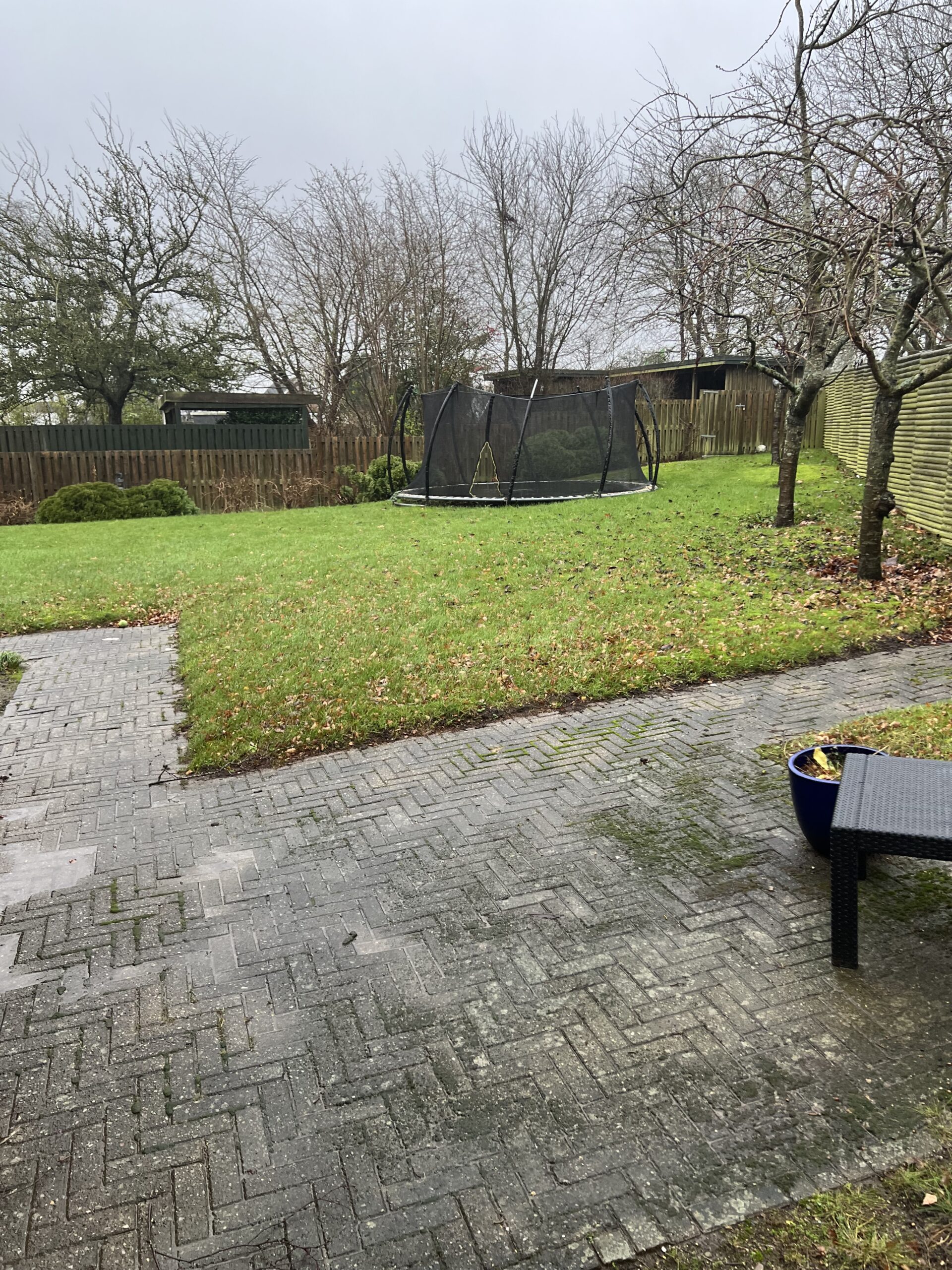 Våd brostensbelagt terrasse i forgrunden og en grøn have i baggrunden med en sort trampolin med sikkerhedsnet midt på, omgivet af nøgne træer og et træhegn; i højre forgrund står en blå plantekrukke og en sort loungestol.