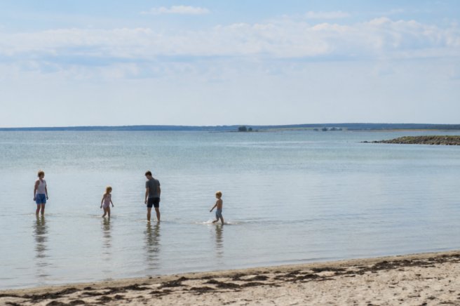 To voksne og to børn vader i lavt kystnært vand tæt på en sandstrand, spredt ud i en linje mod havet. Himmel med lette skyer og roligt vand strækker sig ud mod horisonten.